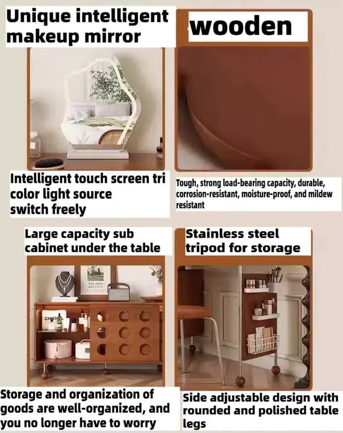 Coiffeuse d'angle télescopique en bois antique avec miroir et chaise, meuble de rangement rétro pour chambre à coucher, idéal pour hôtel et articles de toilette