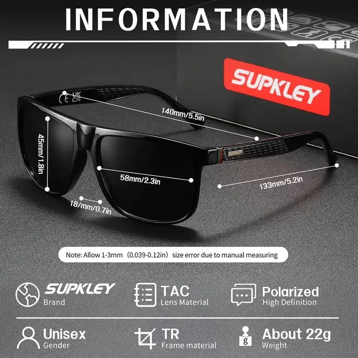SUPKLEY Lunettes de soleil polarisées simples et décontractées avec monture carrée