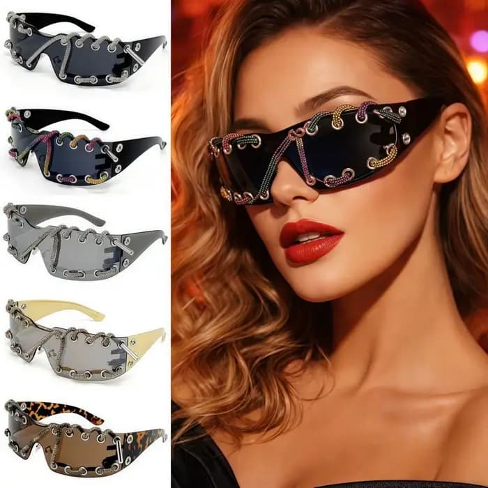 Lunettes de soleil Punk avec chaîne en strass