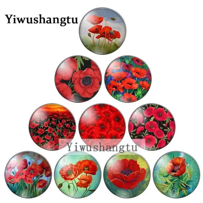 Beauté fleurs de coquelicot rouge magnifiques 8mm/10mm/12mm/18mm/20mm/25mm photo ronde cabochon en verre démo dos plat résultats de fabrication ZB0543