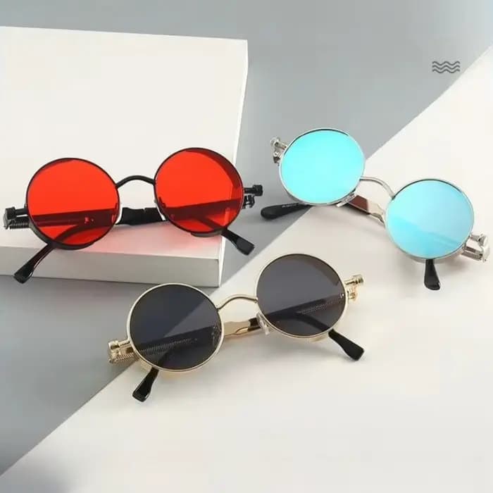 Lunettes de soleil rétro à monture ronde avec charnières à ressort en métal avec lentilles réfléchissantes et colorées