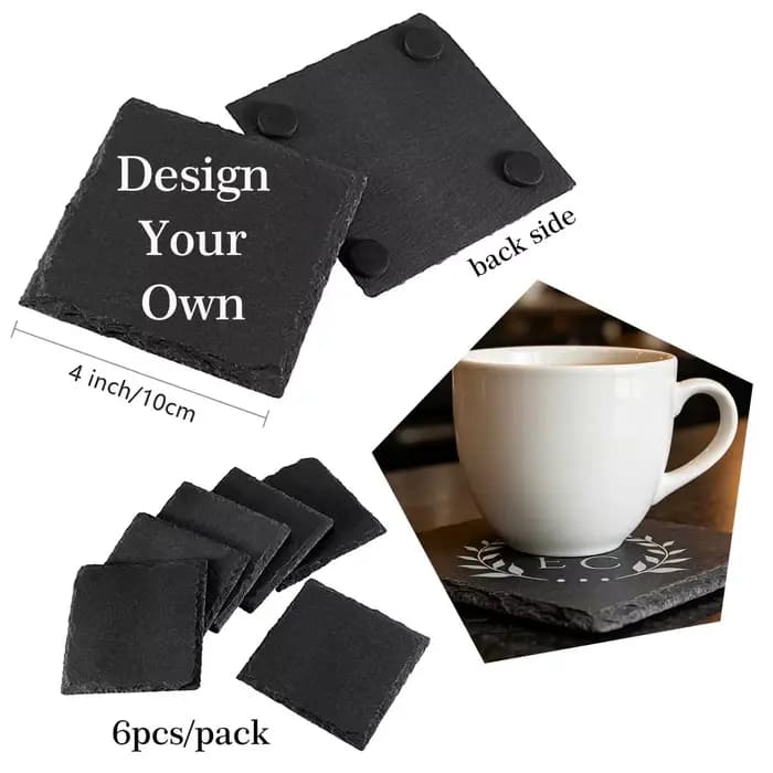Lot de 6 sous-verres en ardoise personnalisés avec logo, sous-verres en pierre noire gravés sur mesure pour cadeaux d'entreprise, cadeaux pour clients