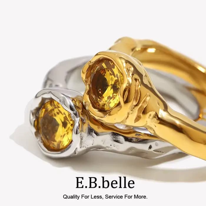 E.B.belle – bagues fines en Zircon pour femmes, brillantes, couleur Champagne unique, plaqué or, accessoires de bijoux en acier inoxydable