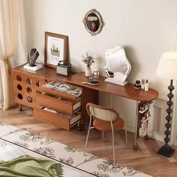 Coiffeuse d'angle télescopique en bois antique avec miroir et chaise, meuble de rangement rétro pour chambre à coucher, idéal pour hôtel et articles de toilette
