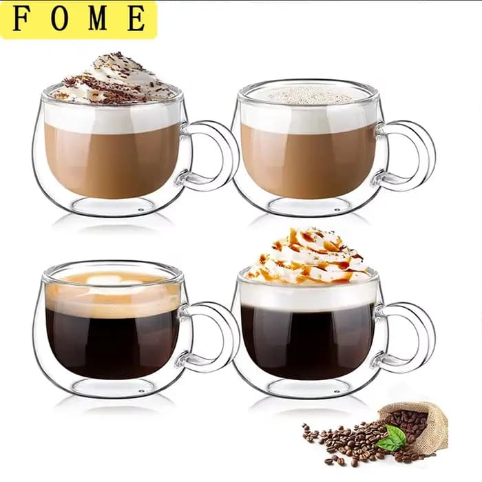 Ensemble de tasses à café en verre à Double paroi de 100/200ml, tasses à expresso transparentes avec poignée, tasse en verre résistante à la chaleur pour le thé au lait et au Latte