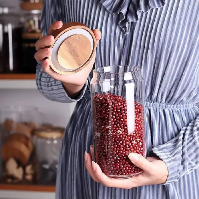 Petits pots de stockage en verre avec couvercles hermétiques, récipient à café avec couvercle en bois, bidon de garde-manger en verre pour haricots, riz, sucre, 1 pièce