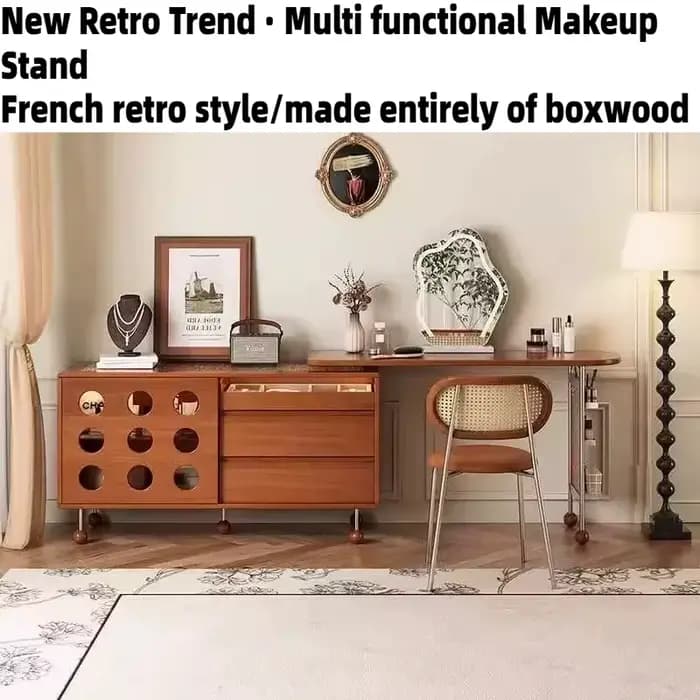 Coiffeuse d'angle télescopique en bois antique avec miroir et chaise, meuble de rangement rétro pour chambre à coucher, idéal pour hôtel et articles de toilette