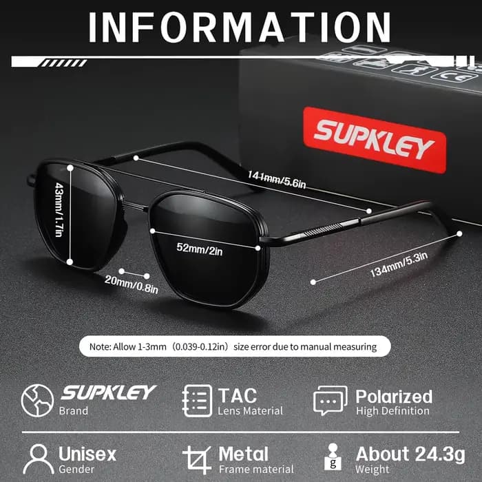 SUPKLEY Lunettes de soleil exquises avec monture rectangulaire et film polarisant pour une photographie polyvalente