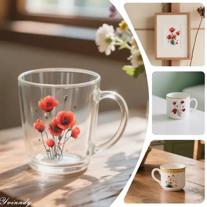 Lot de 12 autocollants pour pots en verre, motif fleurs de pavot aquarelle, papier transfert UV DTF auto-adhésif haute qualité