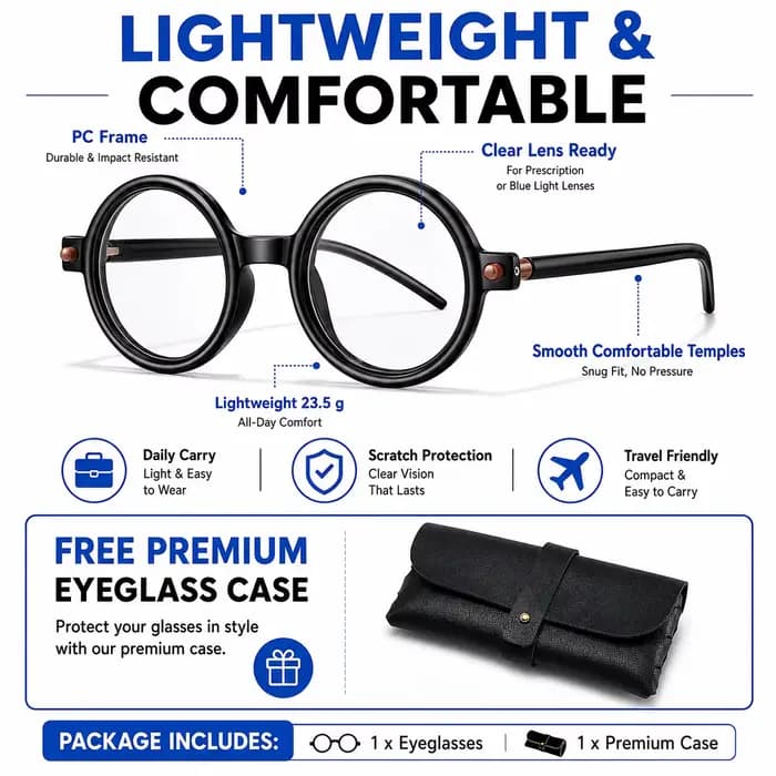BEAU FIVE Lunettes de vue rondes vintage anti-lumière bleue, pour myopie, unisexe, pour la lecture, la conduite, les seniors, avec étui LAM