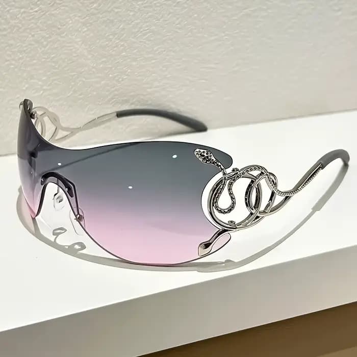 Lunettes de soleil nouveau style avec décoration motif serpent : design sans monture en alliage de zinc, lentilles PC, charnières métalliques Perfect Street Fashion.