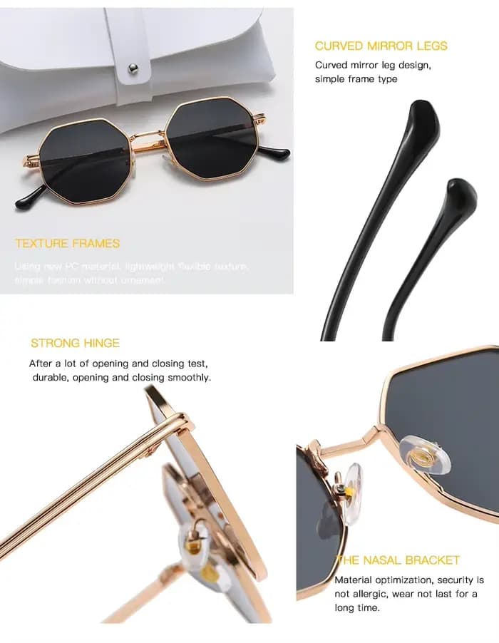 Lunettes de Soleil de Forme Polygone en Métal pour Femme et Homme