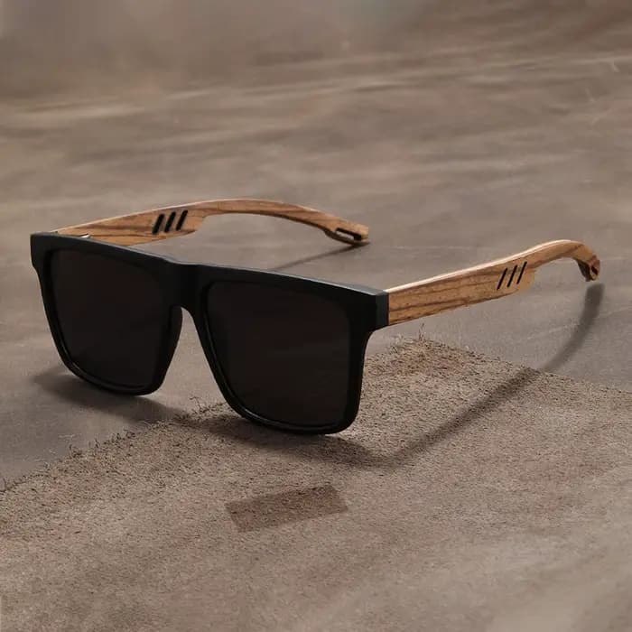 Lunettes de soleil carrées pour hommes avec monture en bois d'imitation naturelle