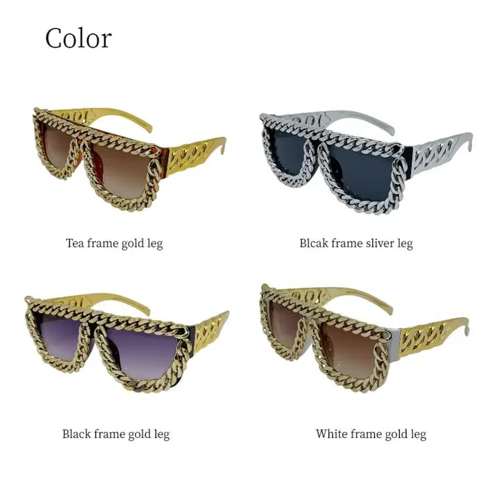 Lunettes de soleil carrées surdimensionnées avec chaîne en or pour hommes