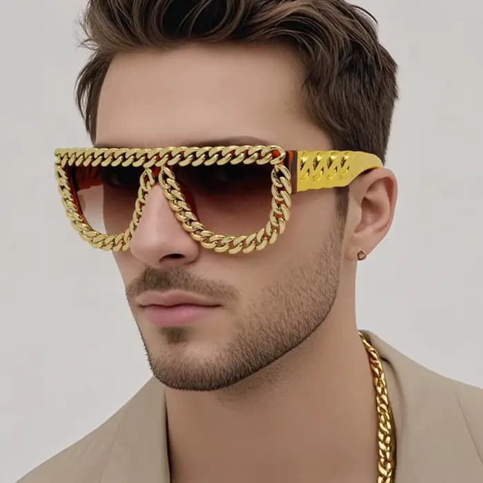 Lunettes de soleil carrées surdimensionnées avec chaîne en or pour hommes