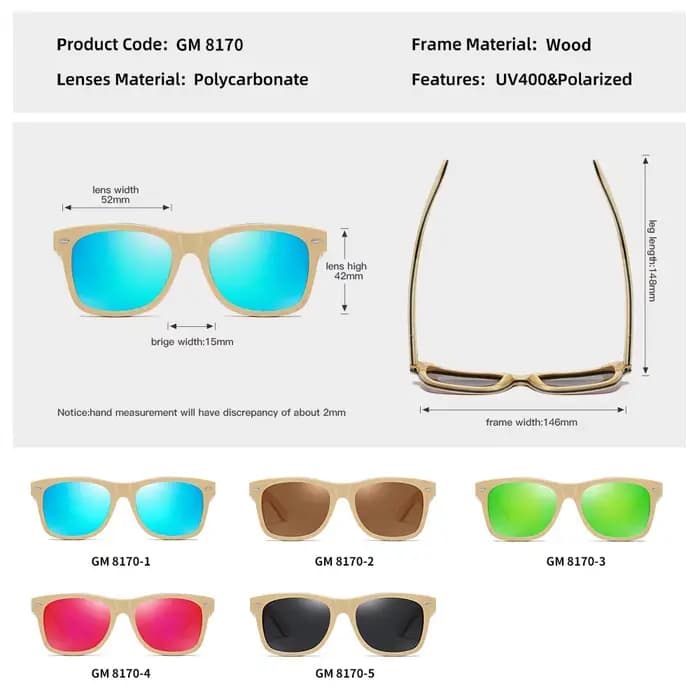 GM fait à la main rétro naturel Skateboard lunettes de soleil en bois hommes femmes miroir polarisé UV400
