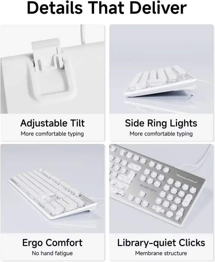Clavier USB filaire avec rétroéclairage blanc, panneau métallique, touches Pudding, taille standard, silencieux, pour PC Windows, ordinateur portable, gamer