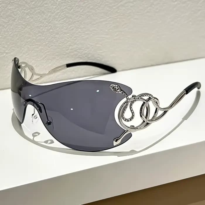 Lunettes de soleil nouveau style avec décoration motif serpent : design sans monture en alliage de zinc, lentilles PC, charnières métalliques Perfect Street Fashion.
