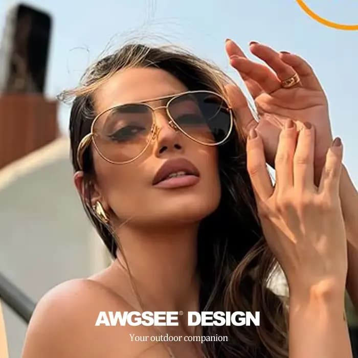 Lunettes d'aviateur surdimensionnées pour femmes – Monture dorée vintage avec verres champagne