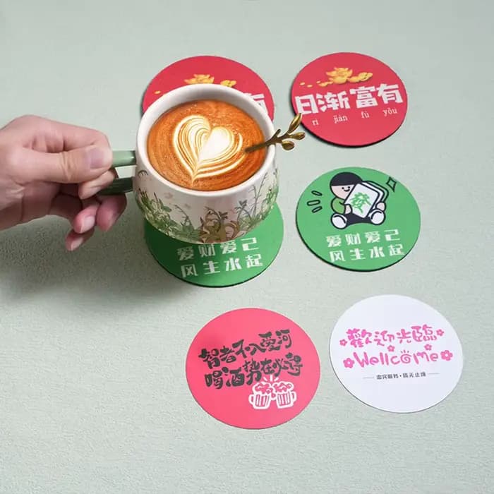 Sous-verres en papier personnalisés (50-200 pièces) avec logo personnalisé, impression couleur recto-verso, pour café, thé au lait, boissons chaudes