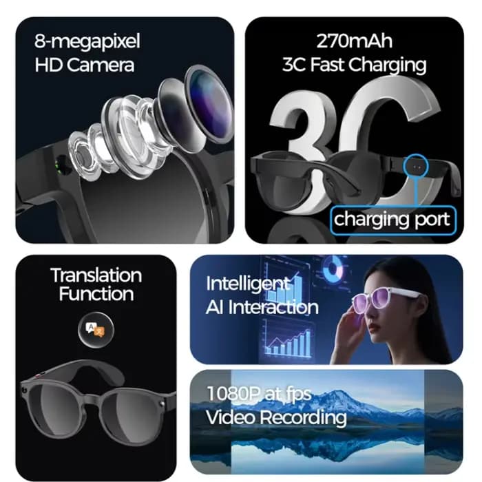 Lunettes Intelligentes AIMB-S1 avec Traduction IA, Caméra HD 8MP, Enregistrement d'Images et Conversations 4K, Lecture de Musique – Nouveauté