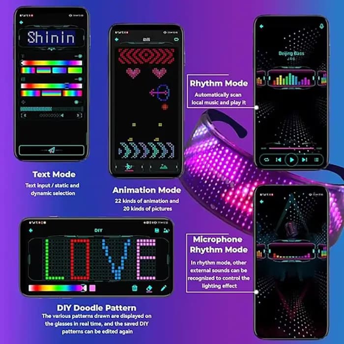 Lunettes LED Bluetooth contrôlées par application, lunettes lumineuses RGB pour cosplay, fête, festival de musique