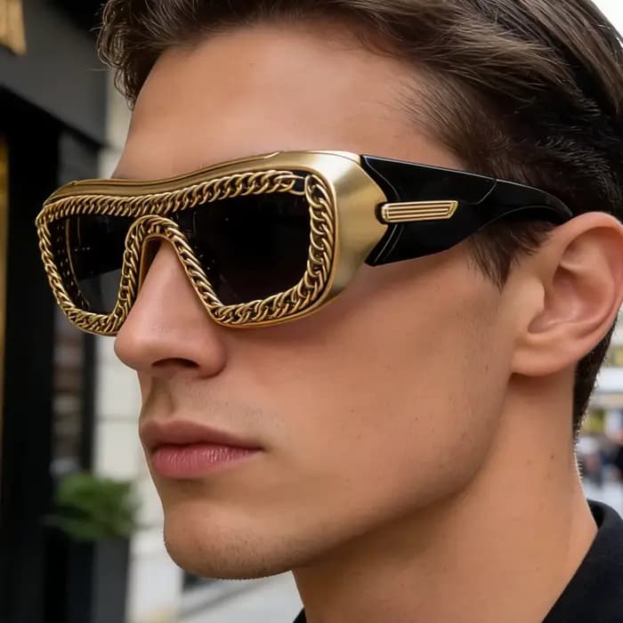 Lunettes de soleil rectangulaires de luxe avec chaîne dorée