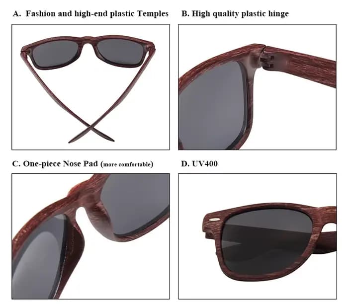 Lunettes de soleil KIDIN imitation grain de bois style Wayfarer pour hommes et femmes