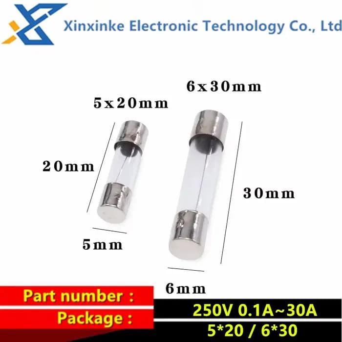 100 pièces 6*30 5*20 fusible en verre à rupture rapide 0.1 ~ 30A 0.2A 0.5A 1A 2A 3A 3.15A 4A 5A 6A 7A 8A 10A 250V 5x20mm 6x30mm Tubes à fusibles en verre