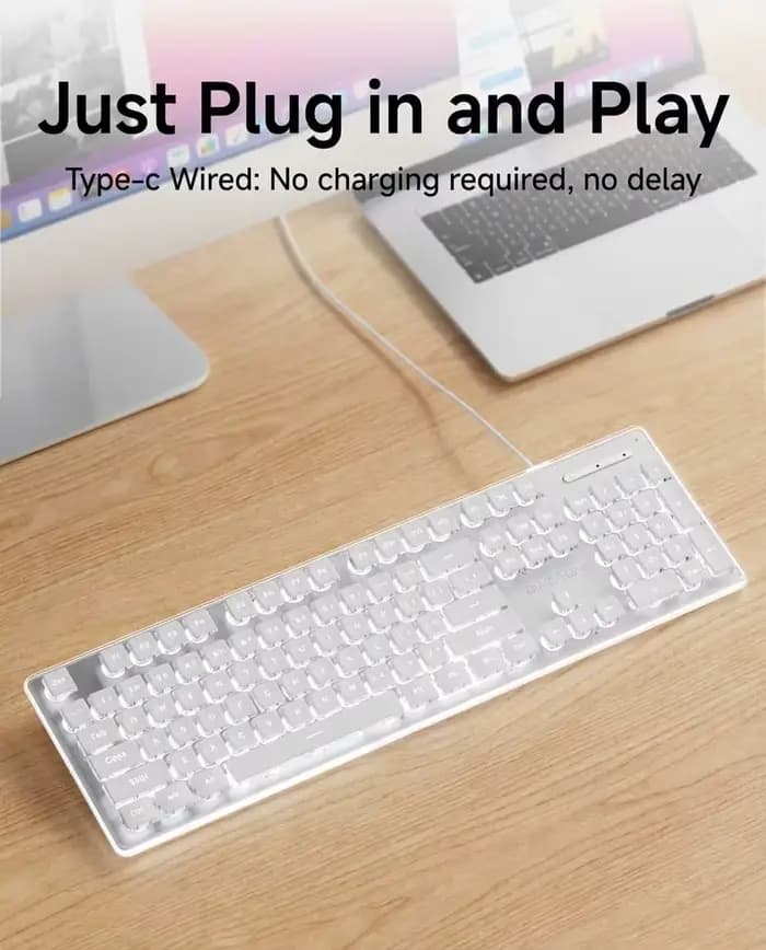 Clavier USB filaire avec rétroéclairage blanc, panneau métallique, touches Pudding, taille standard, silencieux, pour PC Windows, ordinateur portable, gamer