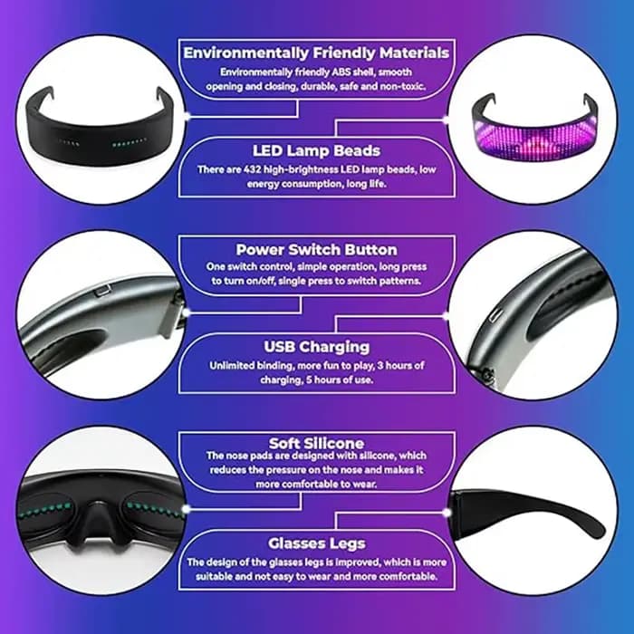 Lunettes LED Bluetooth contrôlées par application, lunettes lumineuses RGB pour cosplay, fête, festival de musique