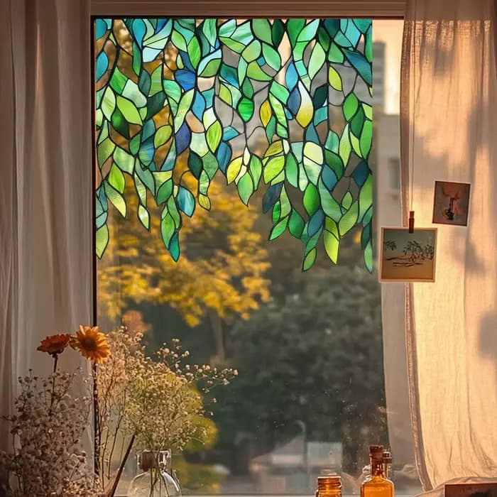 Feuilles vertes suspendues vignes autocollant en verre statique plante Pattren fenêtre coin décor Film auto-adhésif pour la décoration de fenêtres de la maison