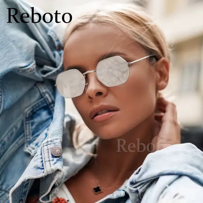 Hipster polygone lunettes de soleil pour femmes Vintage rétro argent miroir métal cadre