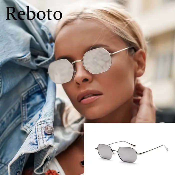 Hipster polygone lunettes de soleil pour femmes Vintage rétro argent miroir métal cadre lunettes de