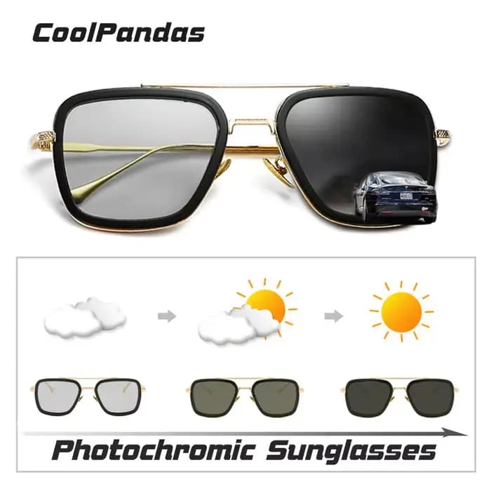 Top qualité Tony Stark carré lunettes de soleil photochromique polarisé hommes