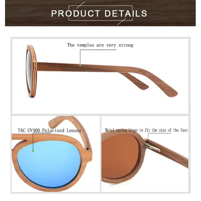 Lunettes de soleil en bois polarisées faites à la main pour hommes