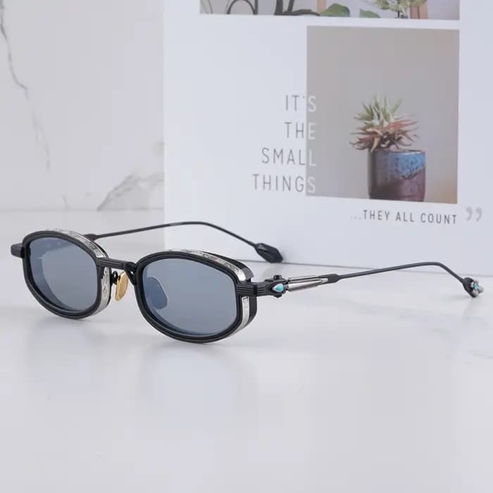 HARDIN Lunettes de soleil ovales vintage artisanales noires et dorées pour homme