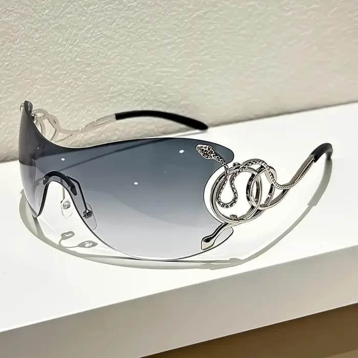 Lunettes de soleil nouveau style avec décoration motif serpent : design sans monture en alliage de zinc, lentilles PC, charnières métalliques Perfect Street Fashion.