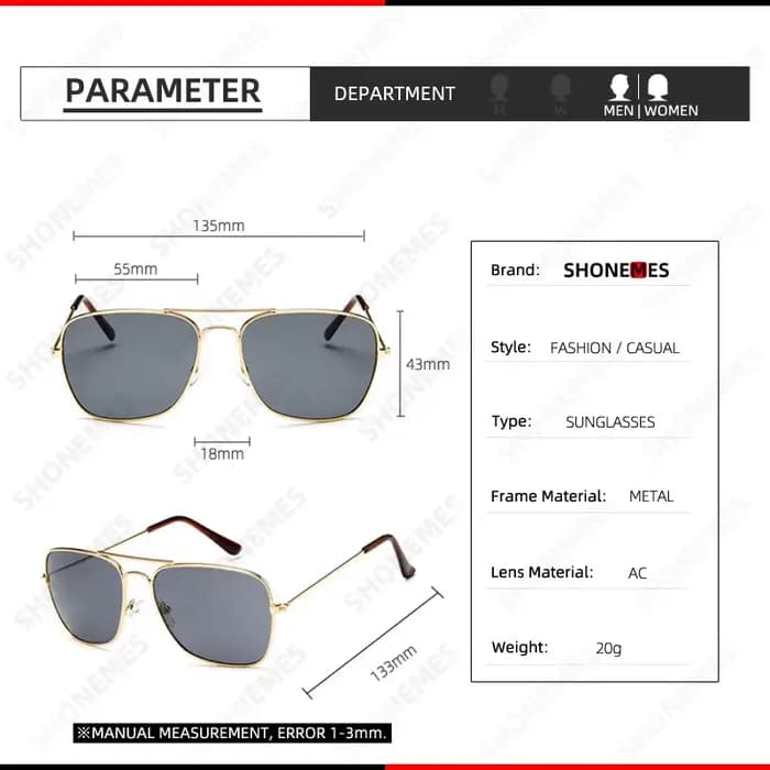 Shonemes lunettes de soleil carrées Vintage Double pont conduite nuances cadre en métal extérieur UV400