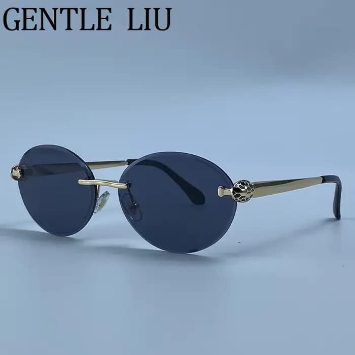 Lunettes de soleil ovales sans monture Steampunk pour femme 2026 – Marque de luxe, monture métalliqu