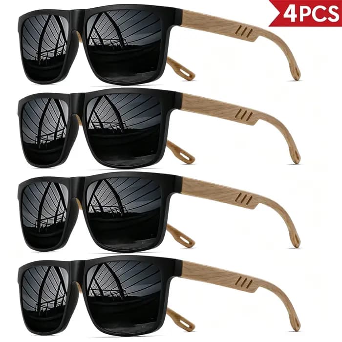 Ensemble de 4 lunettes de soleil style grain de bois – Montures carrées classiques rétro