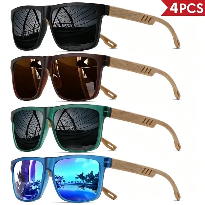 Ensemble de 4 lunettes de soleil style grain de bois – Montures carrées classiques rétro