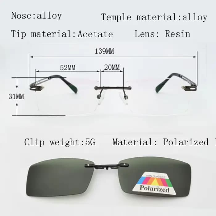 Sans cadre pour hommes avec pince magnétique Film myopie or lunettes lentille sans monture