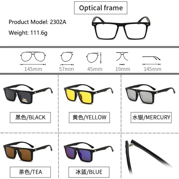 Lunettes de soleil polarisées carrées pour hommes avec clip magnétique 5 Lenes, monture TR90 grise,
